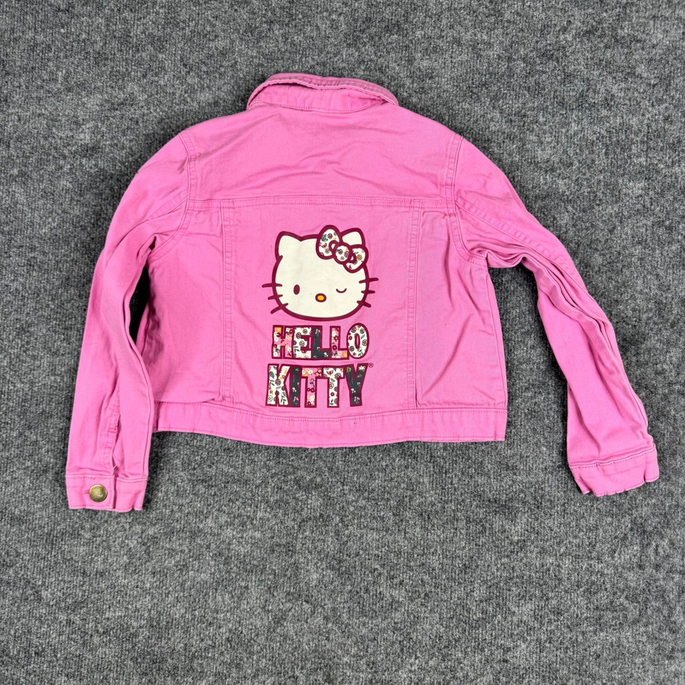 365Kids Denim Jacket Girls Size 7 Pink Hello Kitty Graphic Ruffle Cotton Stretch